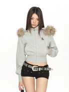 BIGGOLD STUDIO Detachable Fur Trim Cropped Hoodie in Gray #color_gray