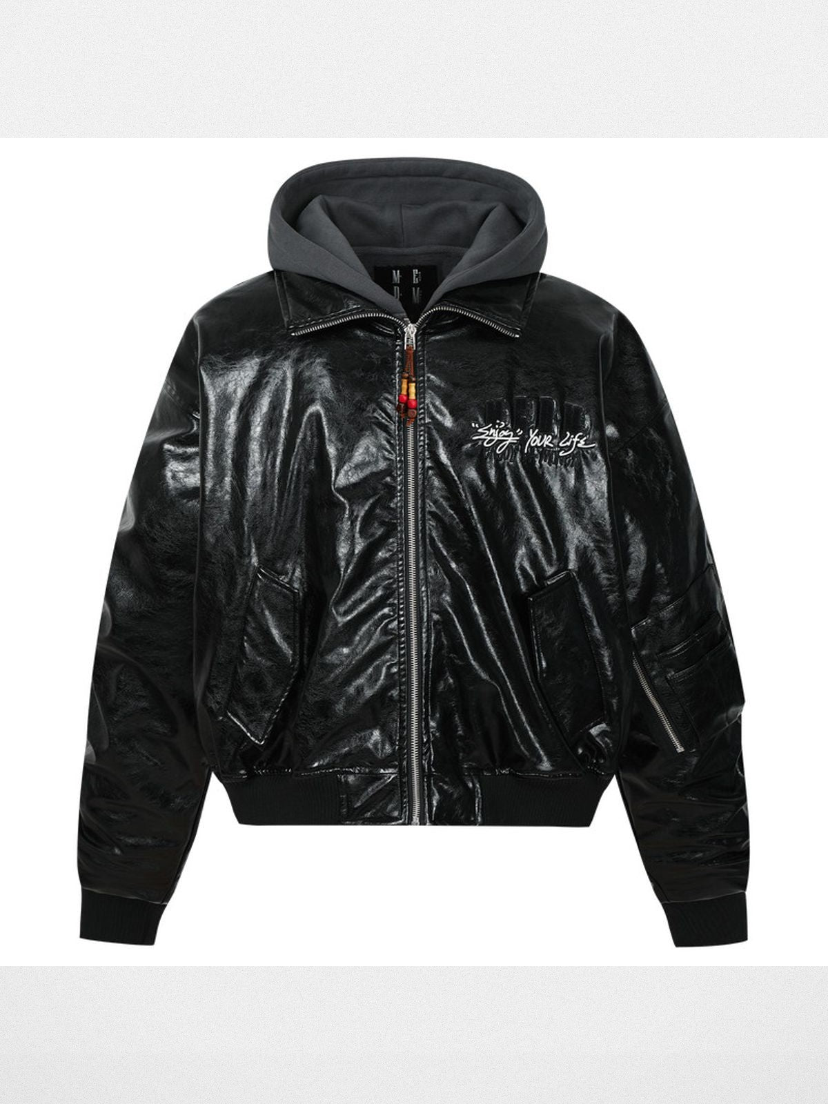 MEDM Faux Leather Layered Hooded Puffer in Black