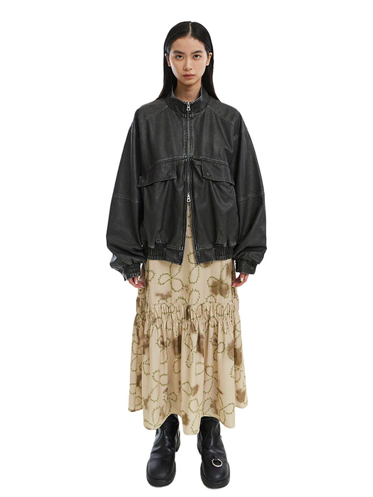 NeverSeez Distressed PU Leather Bomber in Black - On Female Model