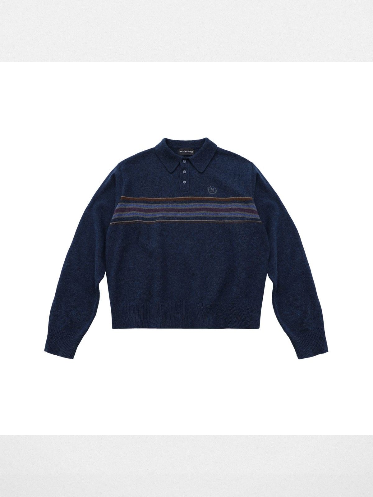 MasonPrince Retro Striped Wool Polo Sweater in Navy Blue