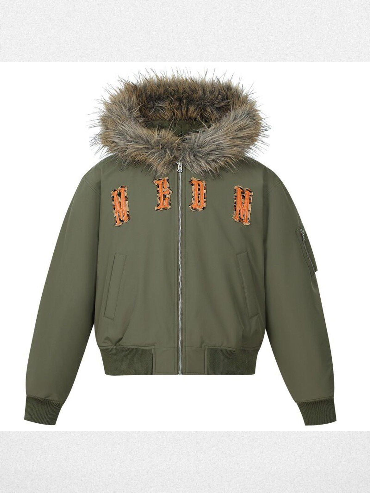 MEDM Fur Trimmed Padded Varsity Jacket in Olive