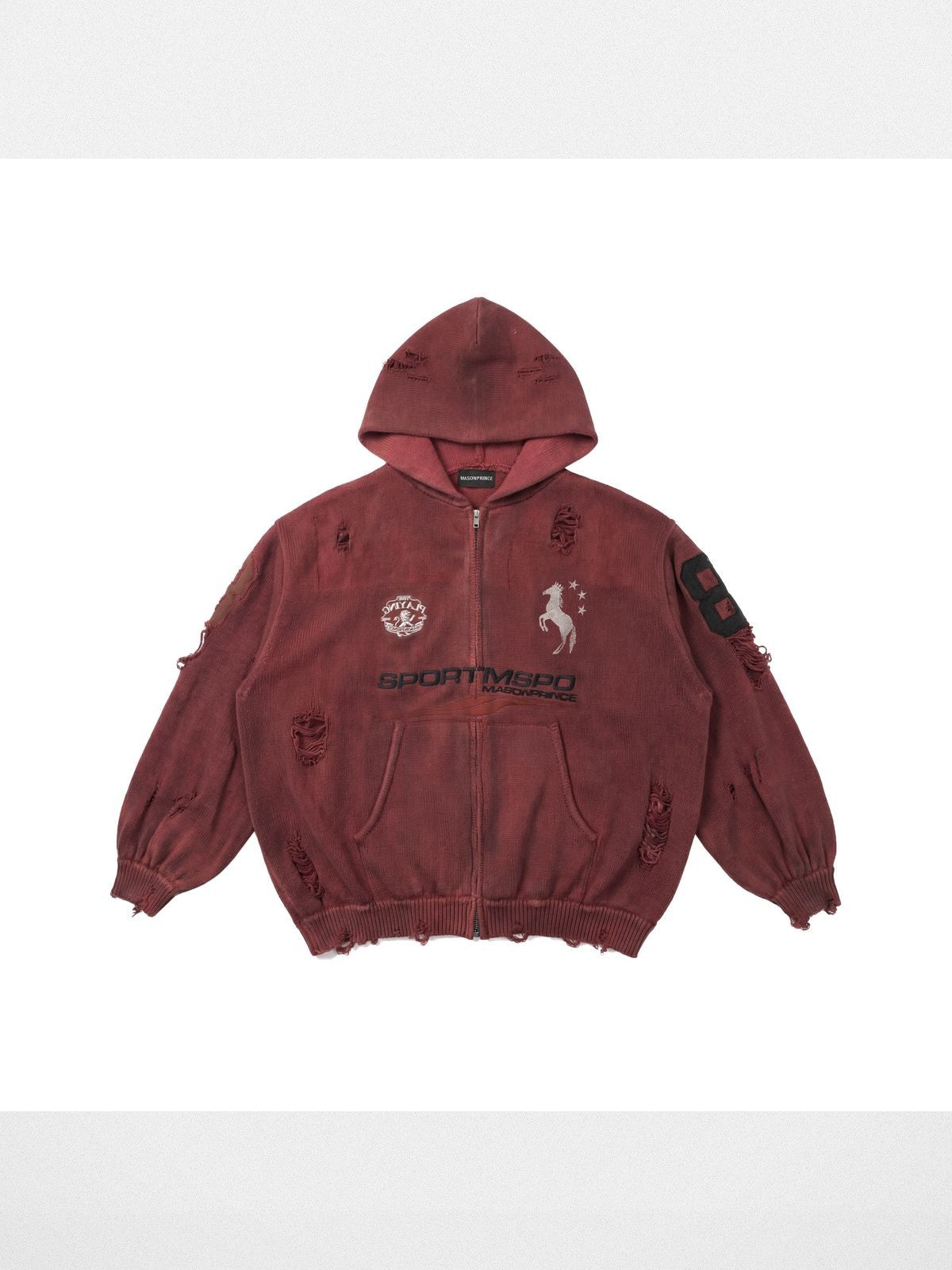 MasonPrince Distressed Horse Graphic Zip Hoodie in Burgundy