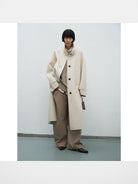 RandomPiece Wool Camel Hair Stand Collar Coat in White - On Model