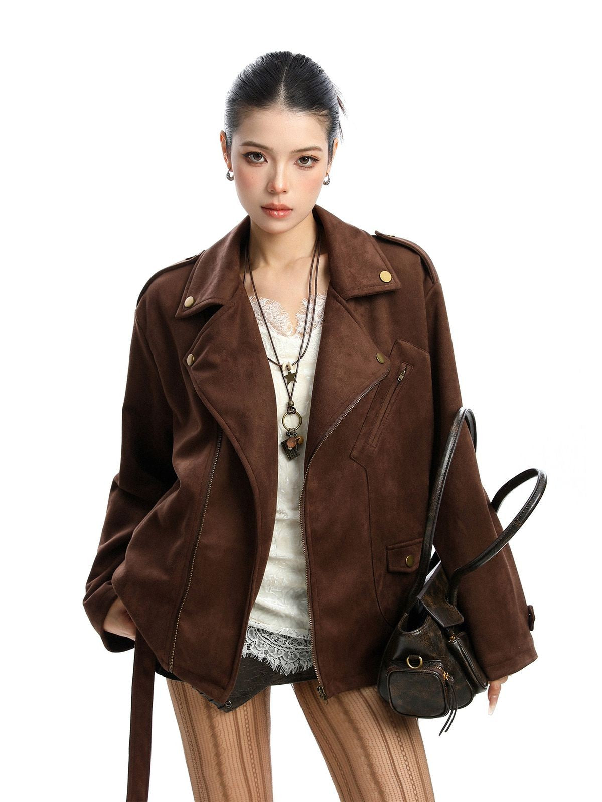 Big Gold studio Suede Moto Jacket in Brown - On Model