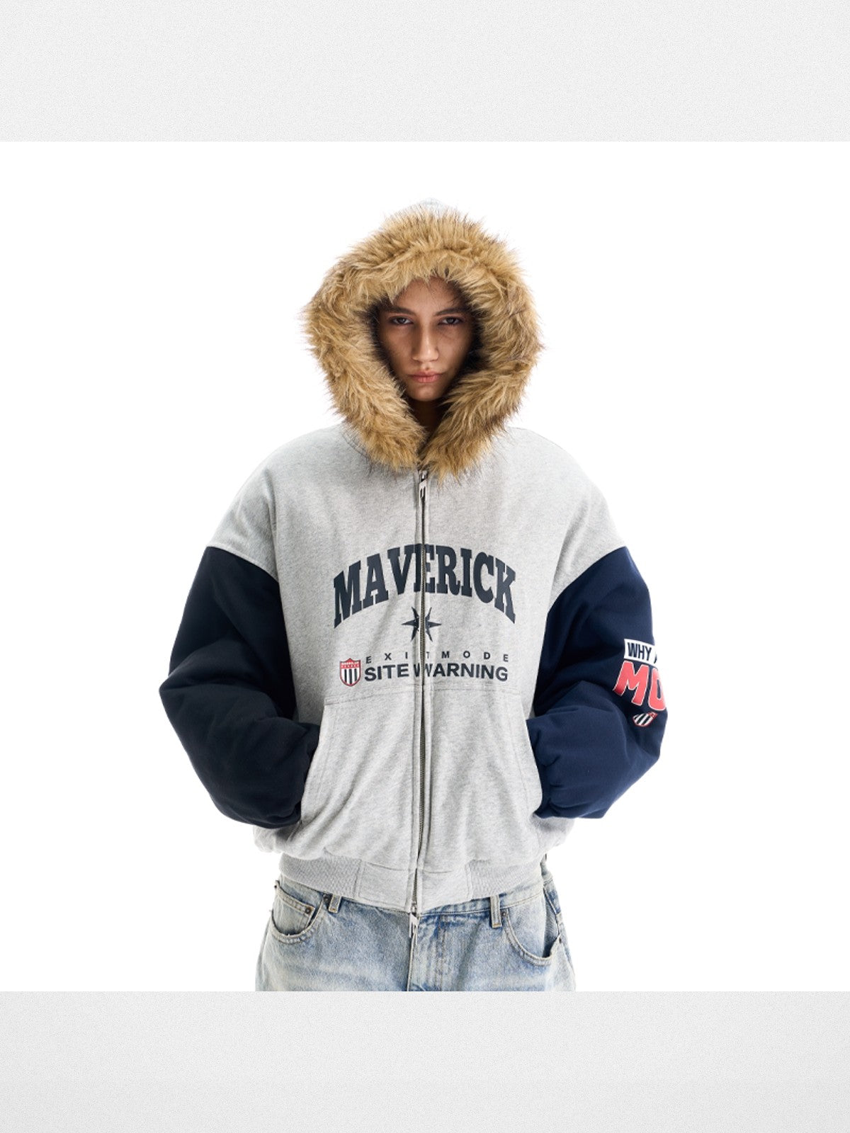 BLINDNOPLAN Color Block Faux Fur Padded Jacket in Gray - On Model