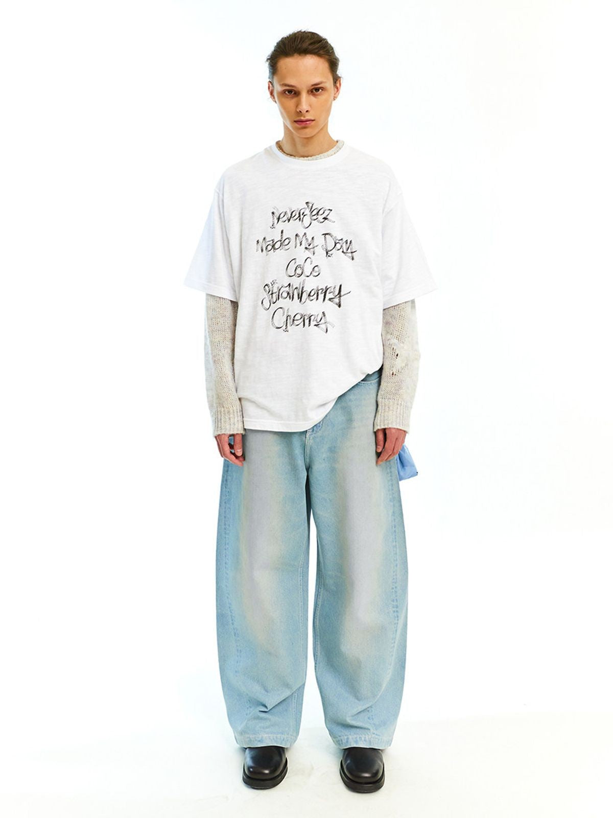 NeverSeez Graphic Slub Cotton T Shirt in White - On Male Model