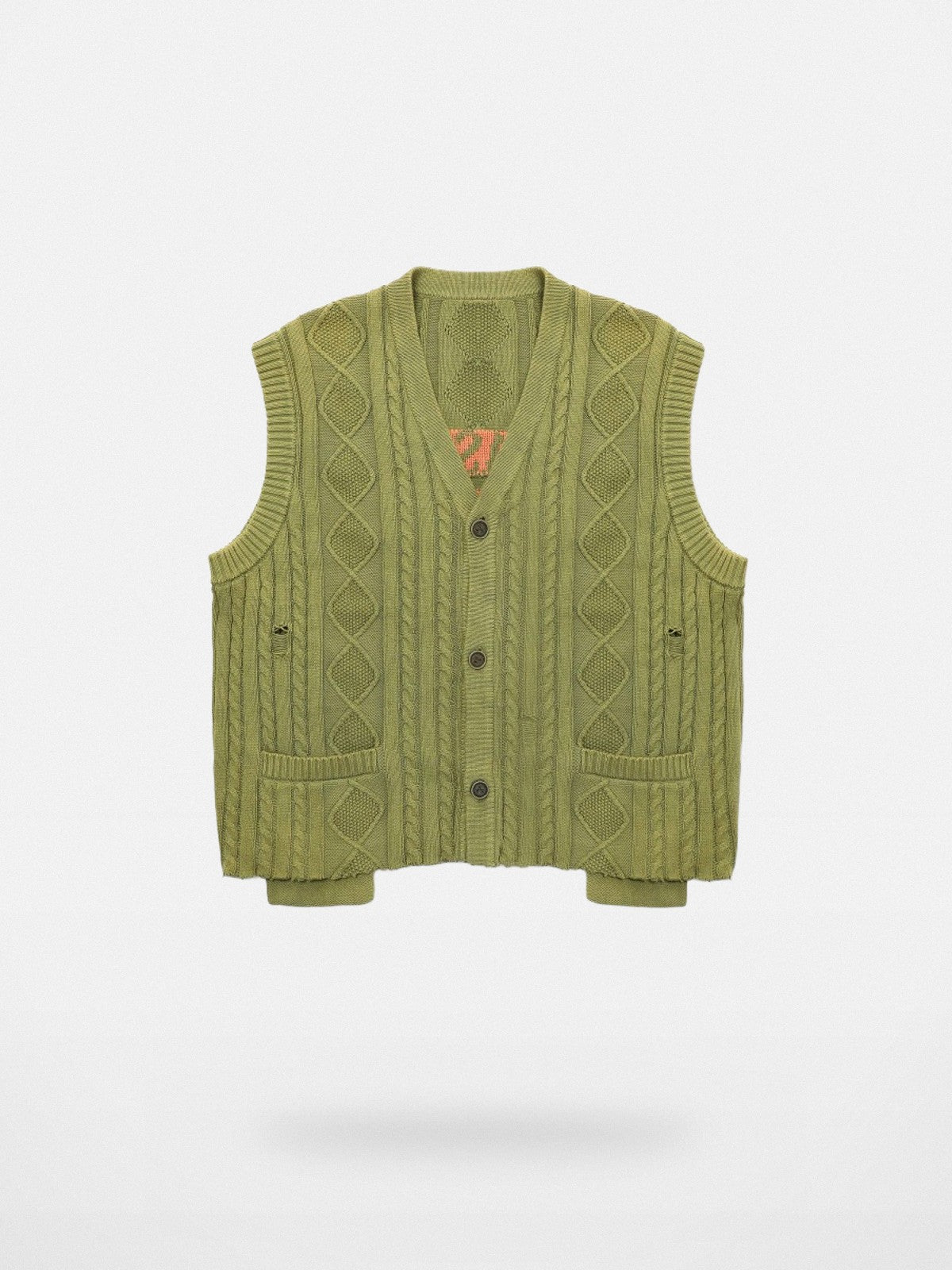 MASONPRINCE Distressed Cable Knit Vest in Olive