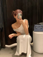 1S STUDIO Twisted Knot Off Shoulder Dress in White - On Model