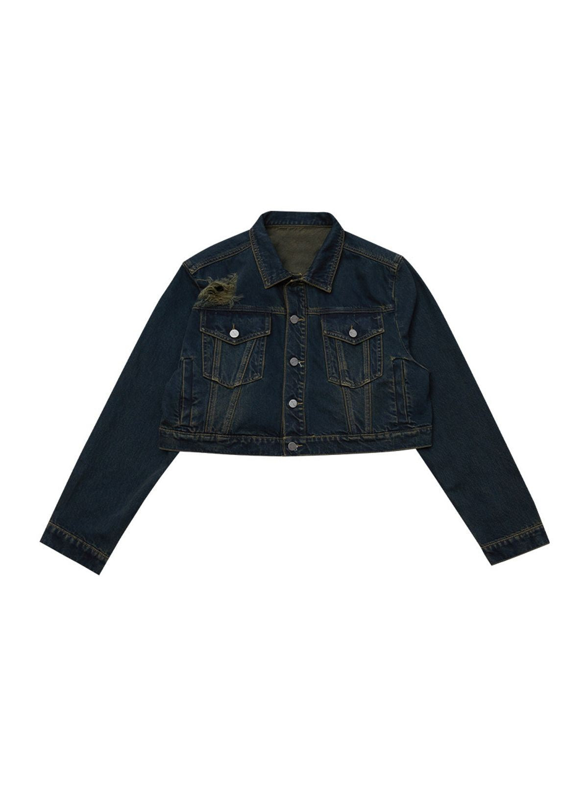 THELIGHT OFFICIAL Distressed Cropped Denim Jacket in Denim