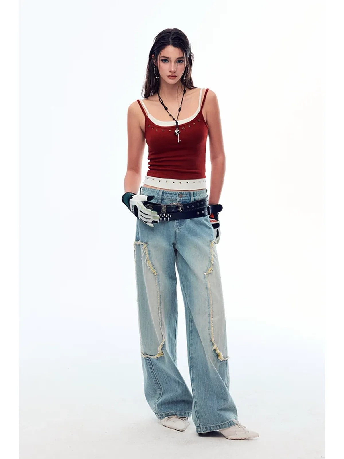 BeerBro Rhinestone Leopard Trim Camisole in Burgundy - On Model