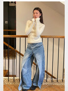 RARELY ALIKE Zip Up High Neck Wool Knit in White - Lifestyle