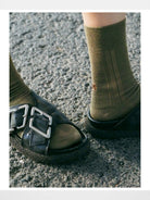 Simple Project Irregular Ribbed Crew Socks in Olive - Lifestyle