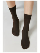 Simple Project Irregular Ribbed Crew Socks in Brown - On Model