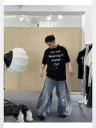 Triangle Project Distressed Dirty Dye Patchwork Jeans in Denim - On Male Model