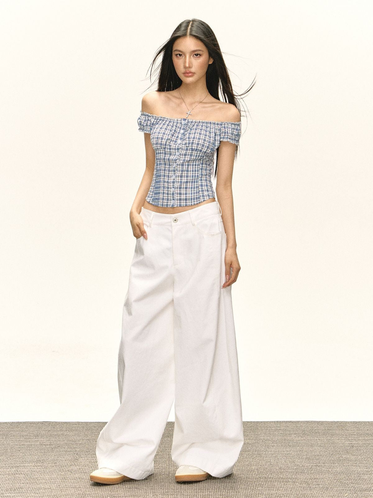 Ariseism Ruched Plaid Off Shoulder Top in Brown - On Model