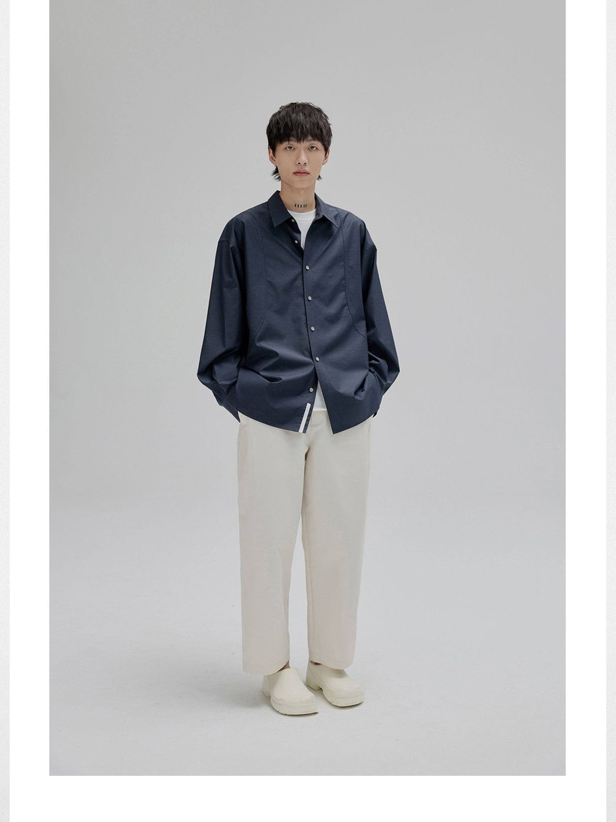 NANS Curved Seam Cotton Blend Shirt in Navy Blue - On Model