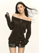ARISEISM Folded Off Shoulder Knit Top in Coffee - On Model