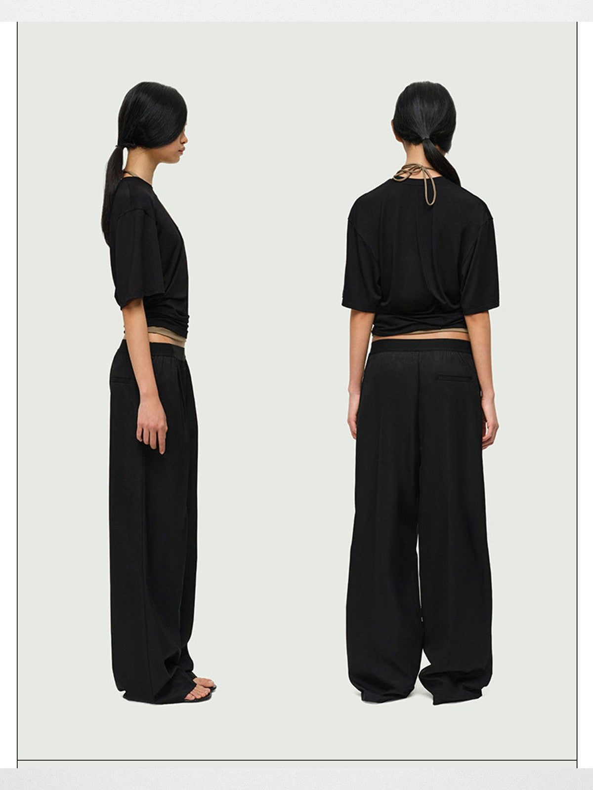 RARELY ALIKE Asymmetrical Ruched Waist Tee in Black - On Model