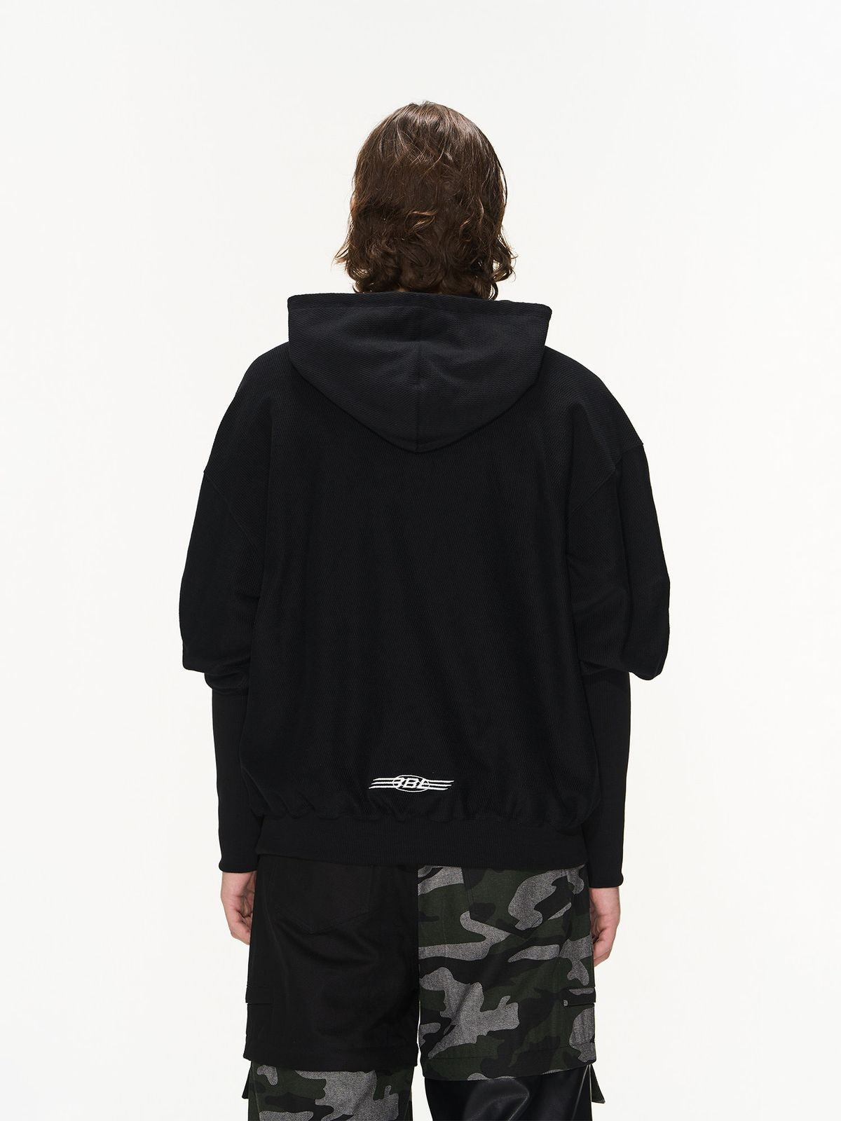 BLINDNOPLAN Distorted Silhouette Cotton Hoodie in Black - On Model