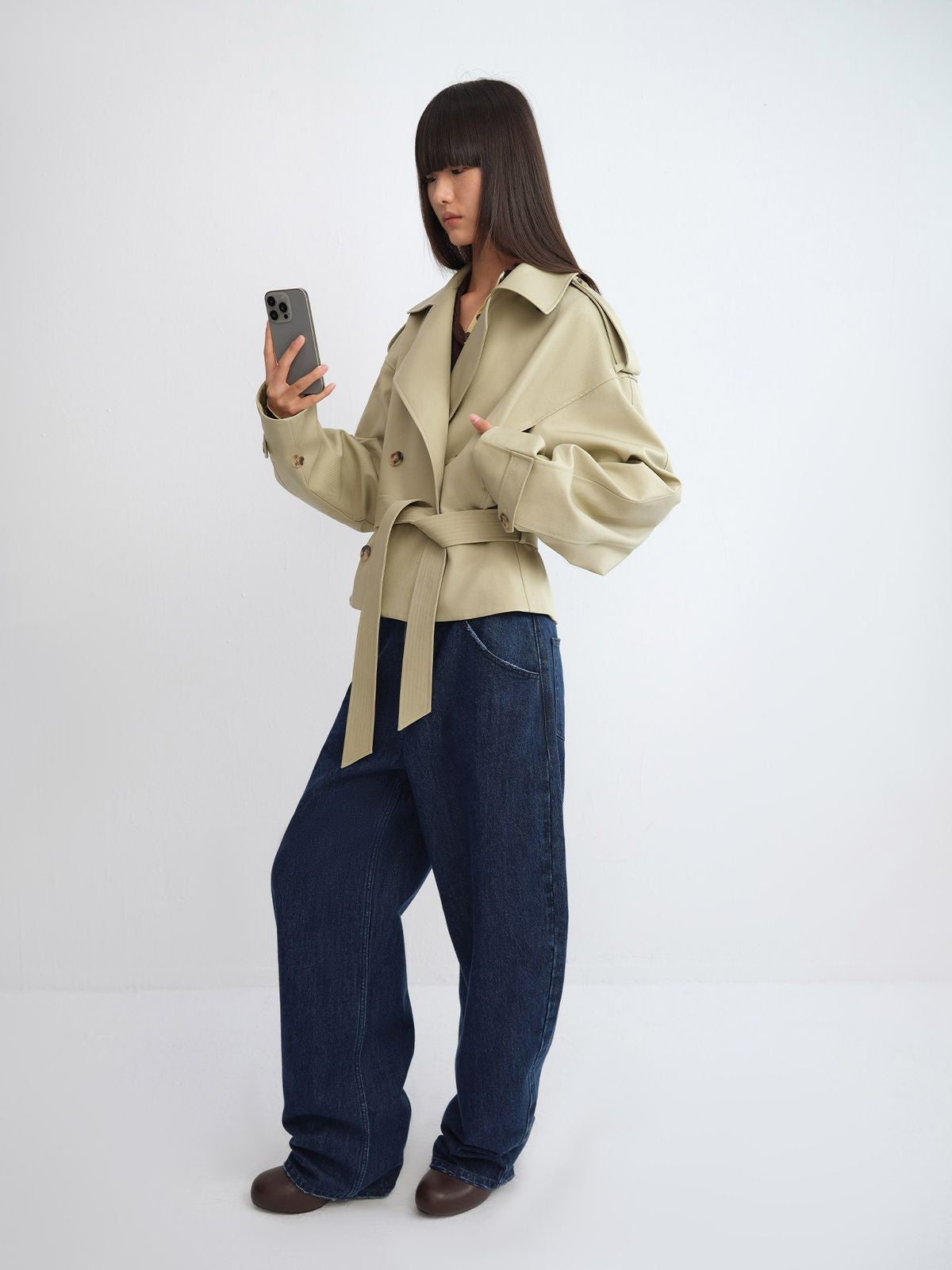 RARELY ALIKE Double Breasted Short Trench Jacket in Beige - On Model