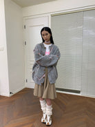 NeverSeez Plush Wool Blend Lantern Cardigan in Gray - On Female Model