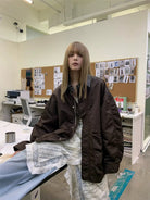 NeverSeez Vintage Wash Nylon Barn Jacket in Brown - On Female Model