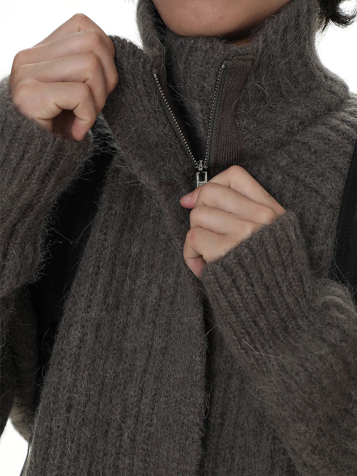 MasonPrince Ribbed Alpaca Blend Zip Cardigan in Beige - On Model