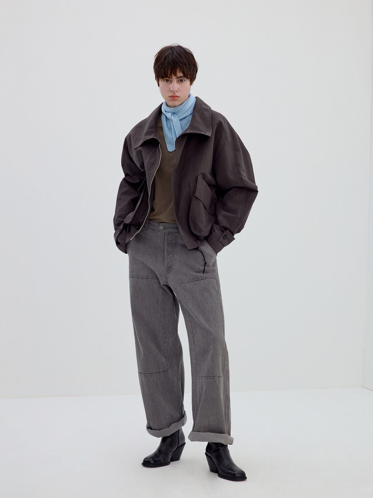 Simple Project Cotton Nylon Stand Collar Jacket in Brown - On Model