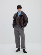 Simple Project Cotton Nylon Stand Collar Jacket in Brown - On Model