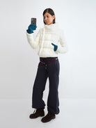 RARELY ALIKE Asymmetric Quilted Puffer Jacket in White - On Model