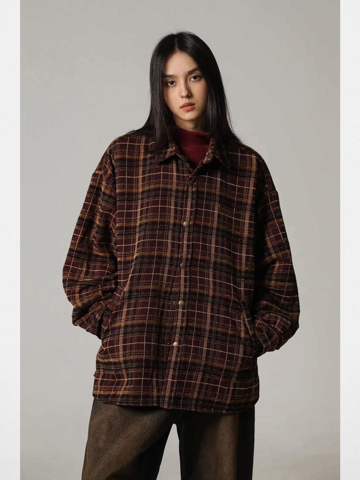 MasonPrince Padded Fine Plaid Shirt Jacket in Burgundy - On Female Model