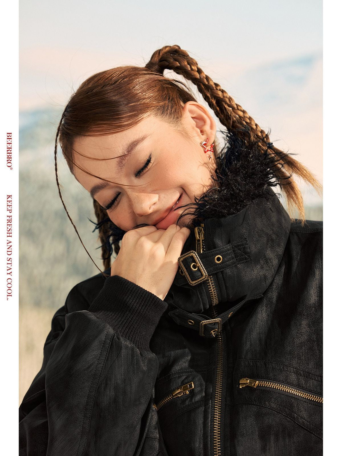 Beer Bro Faux Fur Collar PU Suede Bomber in Black - On Model