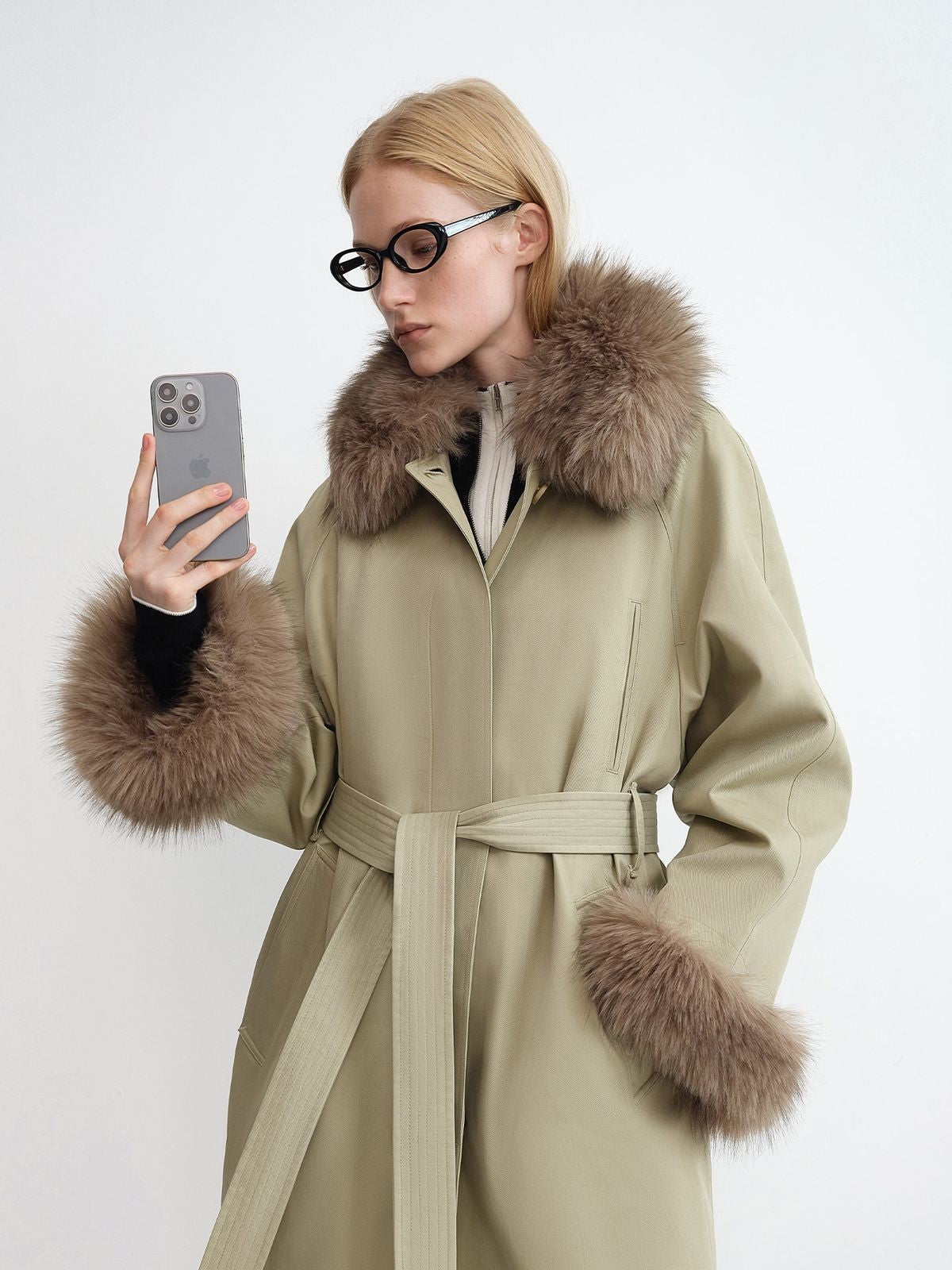 RARELY ALIKE Faux Fur Collar Belted Padded Trench in Khaki - On Model