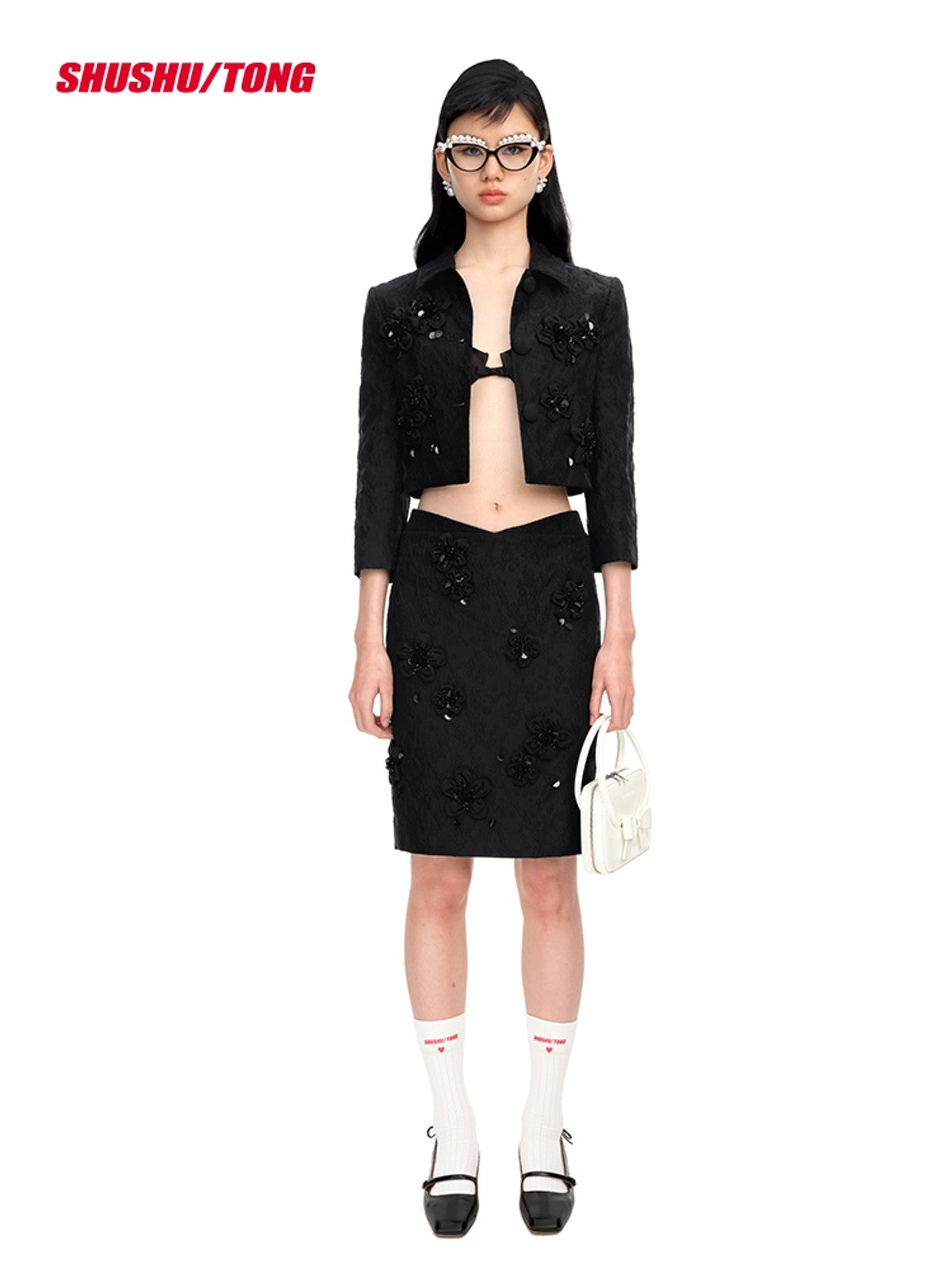 SHUSHUTONG Embellished Wool Blend Cropped Jacket in Black - On Model