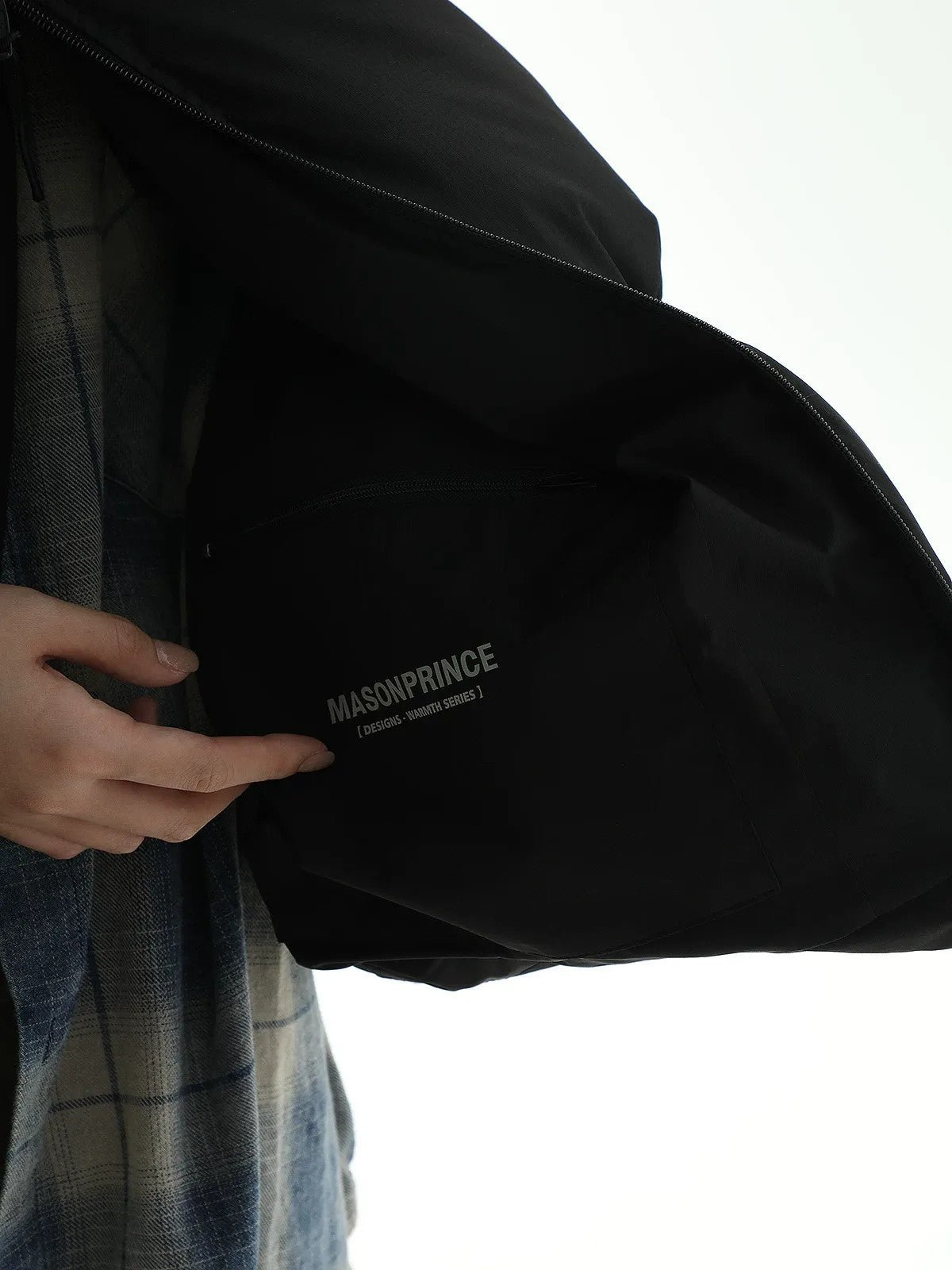 MASONPRINCE High Collar Down Puffer Vest in Black - On Model