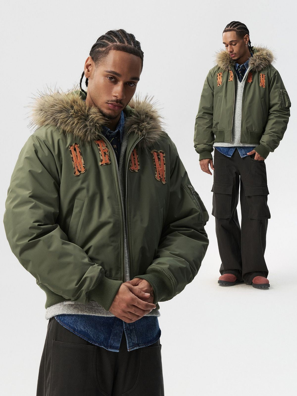 MEDM Fur Trimmed Padded Varsity Jacket in Olive - On Male Model