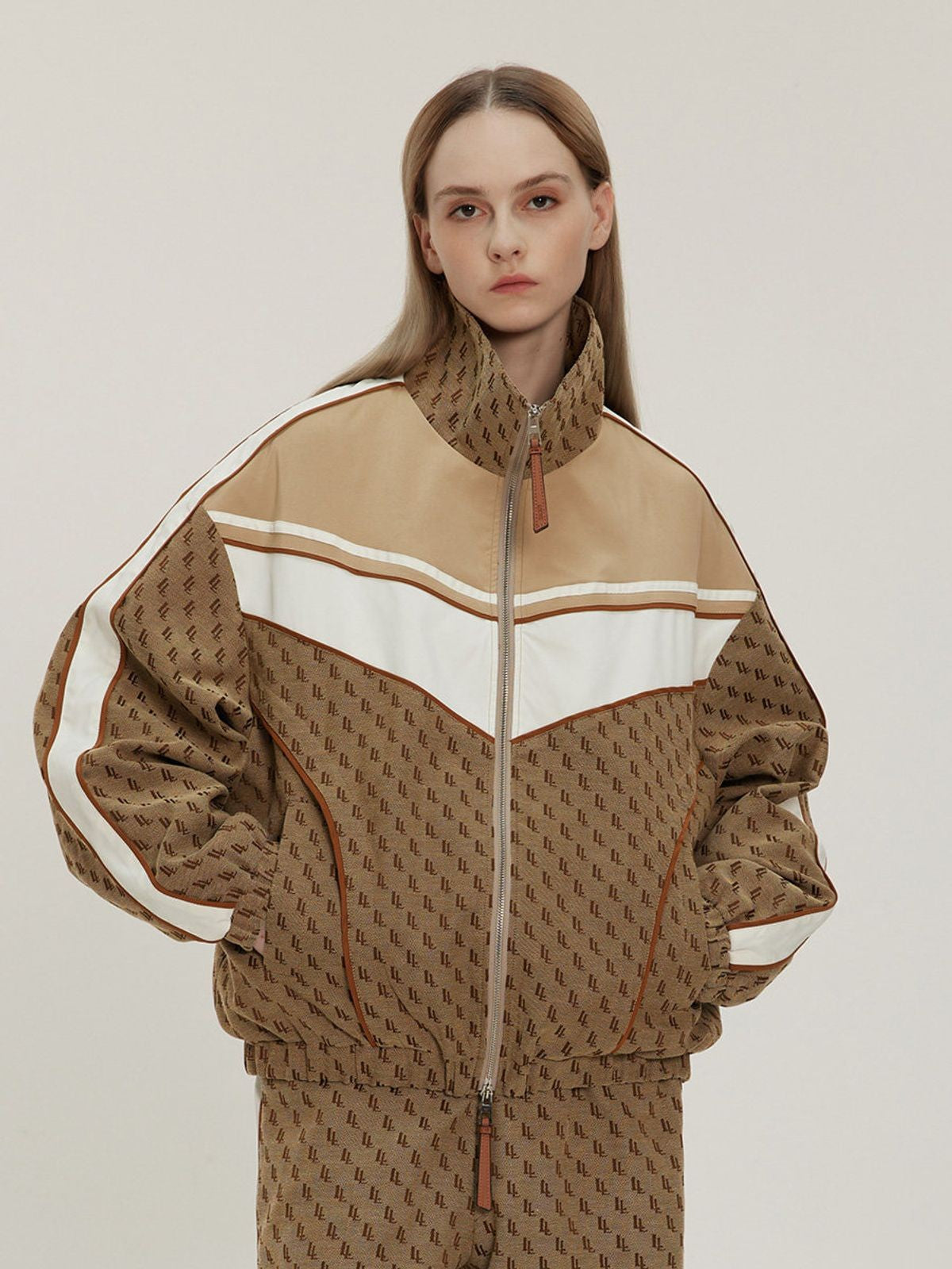 LOSTCTRL Monogram Color Block Track Jacket in Beige - On Model
