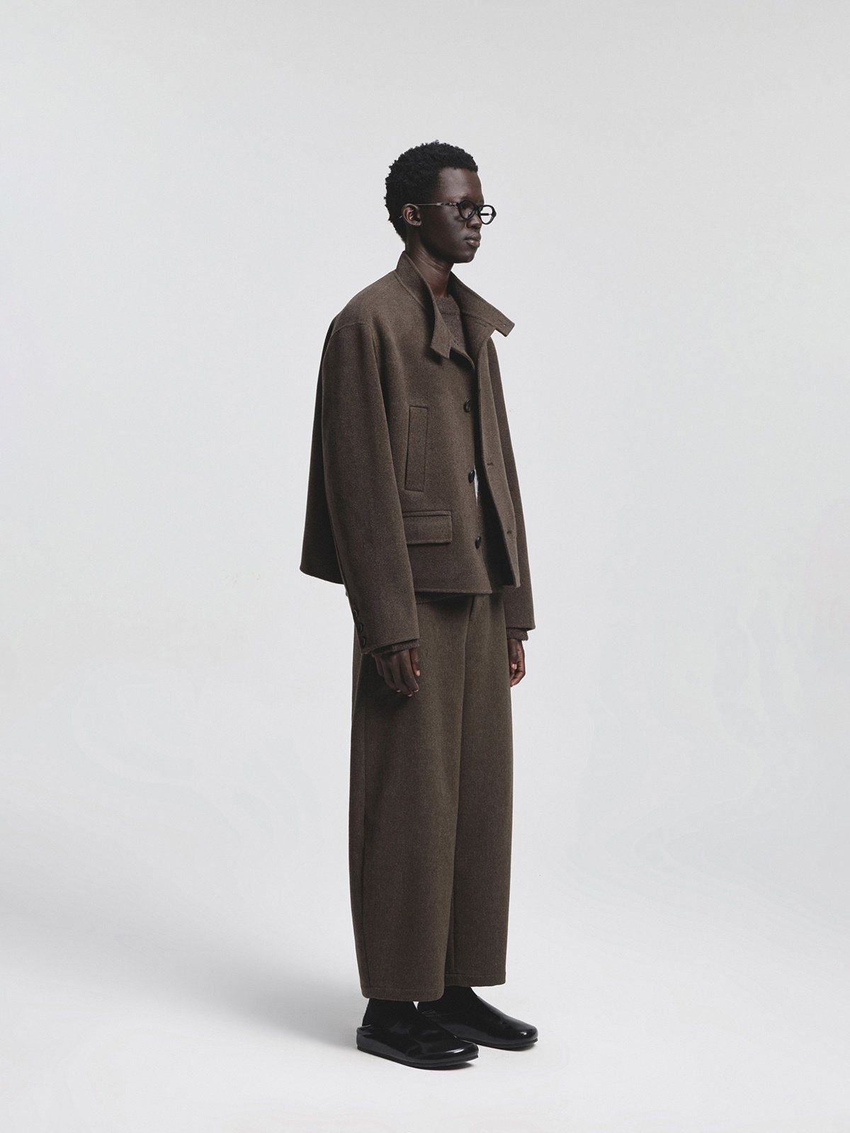 NANS Wool Cashmere Stand Collar Jacket in Brown - On Model
