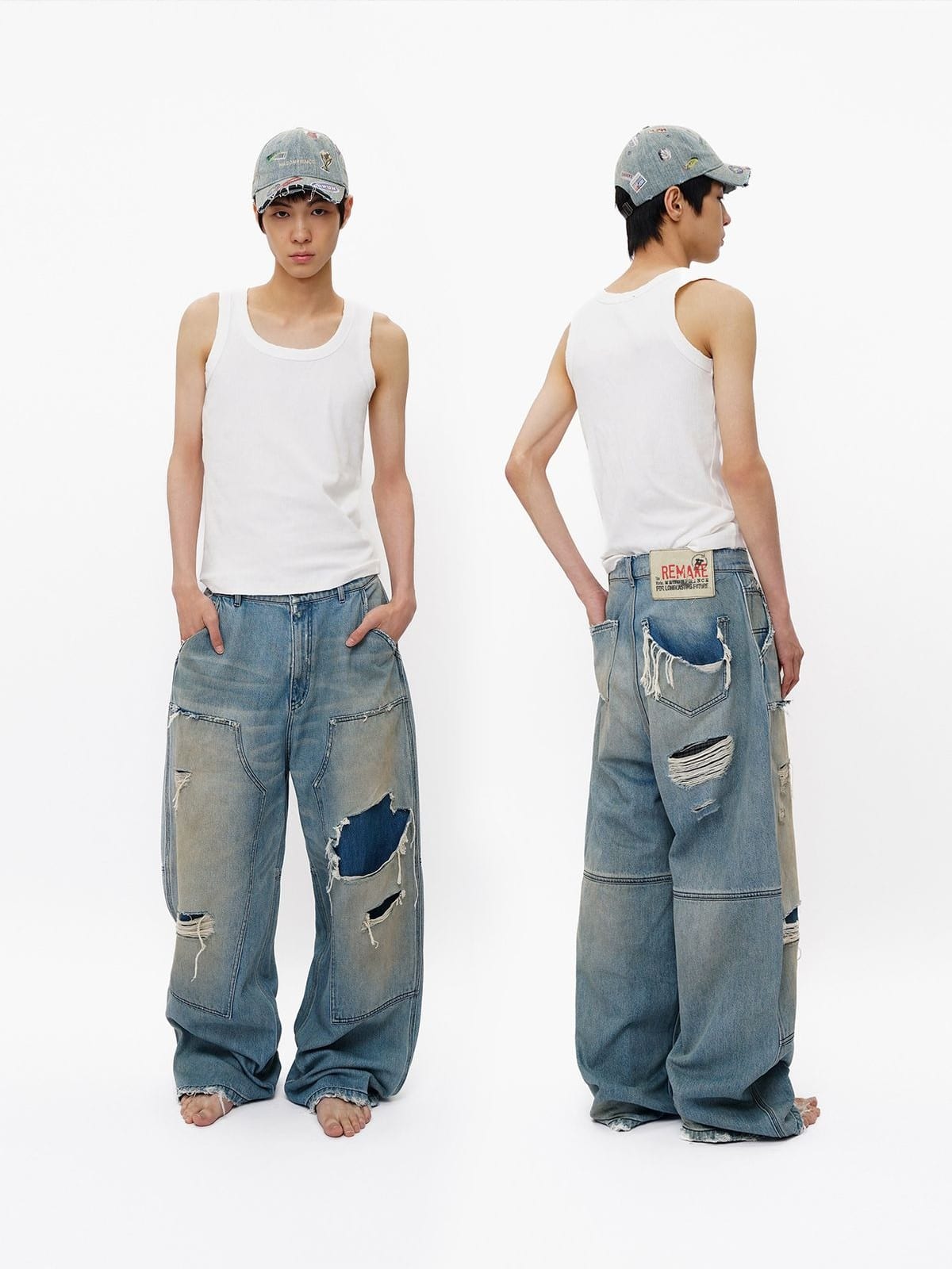 MasonPrince Distressed Coarse Weave Jeans in Denim - On Model