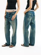 alright then Distressed Low Rise Stacked Jeans in Blue - On Model