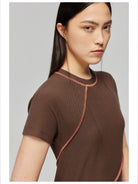 Simple Project Spiral Contrast Stitch Ribbed Tee in Brown - On Model