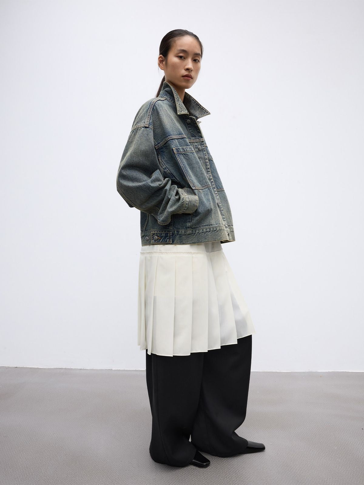 RandomPiece Vintage Wash Cropped Denim Jacket in Denim - On Model