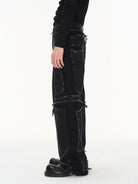 BLINDNOPLAN Raw Edge Distressed Paneled Jeans in Gray - On Model