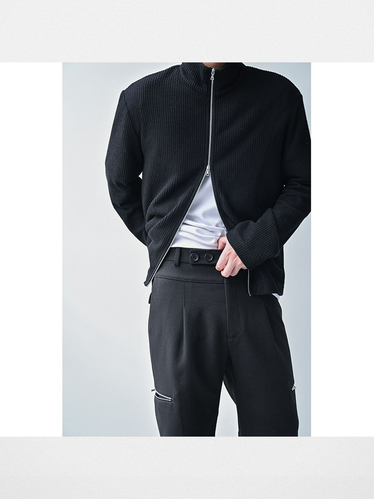 Roolrren Homme Ribbed Wool Blend Zip Cardigan in Black - On Model