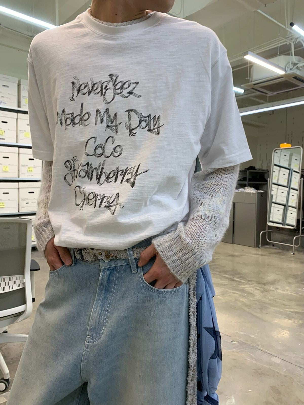 NeverSeez Graphic Slub Cotton T Shirt in White - On Male Model