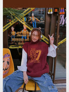 BeerBro Graphic Cable Knit Turtleneck Vest in Burgundy - On Model