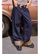 BeerBro Leopard Cuff Wide Leg Jeans in Blue - On Model
