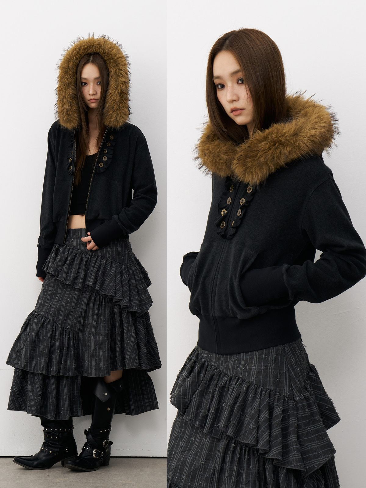 THELIGHT OFFICIAL Detachable Fur Collar Ruffle Jacket in Gray - On Model