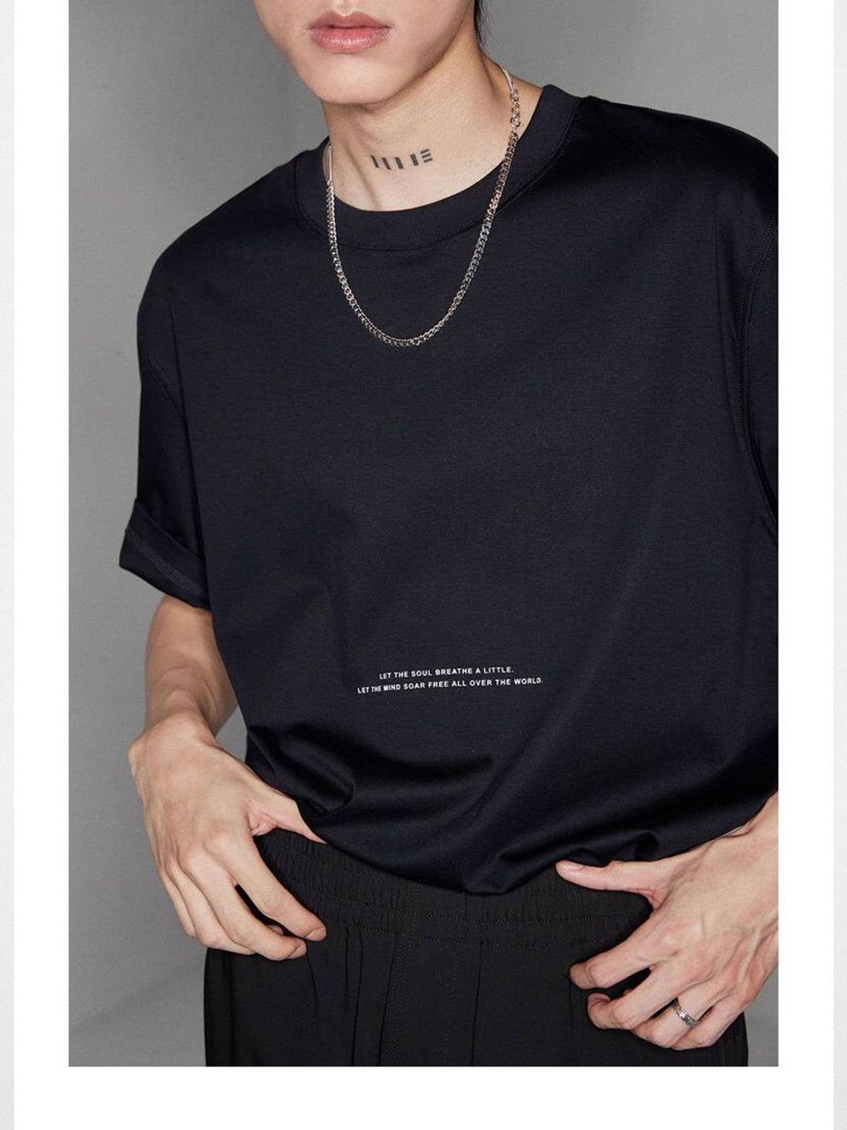 NANS Contrast Print Pima Cotton T Shirt in Black - On Model