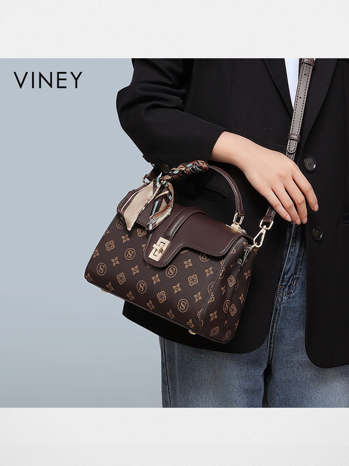 VINEY Monogram Top Handle Crossbody Bag in Coffee - On Female Model